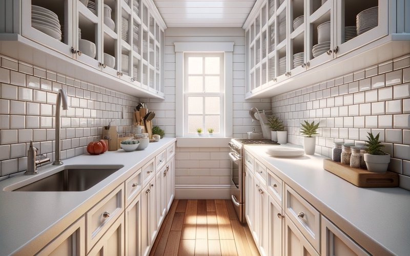 Galley kitchen layout in a small San Diego bungalow with white cabinets and subway tile backsplash