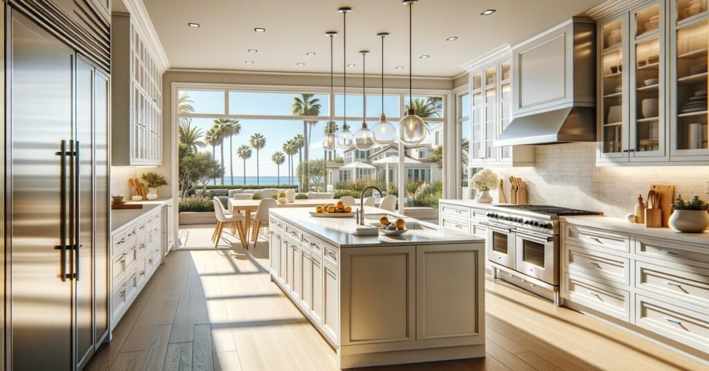 Open-concept kitchen layout with island and quartz countertops in a San Diego home remodel