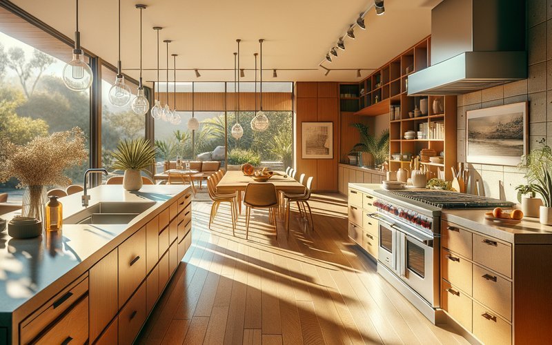 L-shaped kitchen layout in a San Diego home with wood cabinets and stone countertops open to dining area
