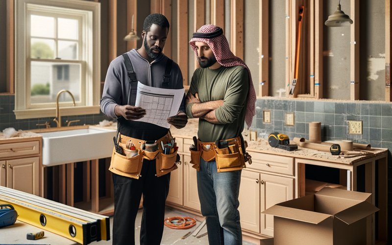 Contractor reviewing kitchen remodel cost breakdown with homeowner in a partially renovated San Diego kitchen