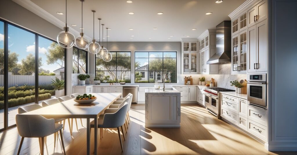Modern remodeled kitchen with quartz countertops and white cabinets in a San Diego home
