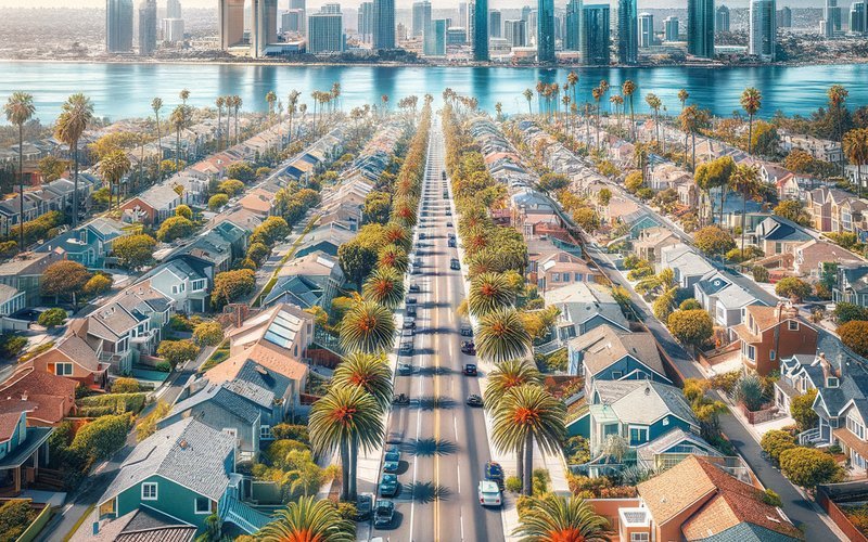 San Diego neighborhood aerial view illustrating home value differences that affect kitchen remodel costs across La Jolla, North Park, and Chula Vista
