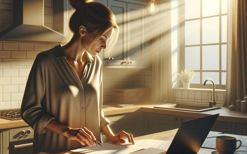 Homeowner reviewing San Diego kitchen remodel permit requirements and building documents at home