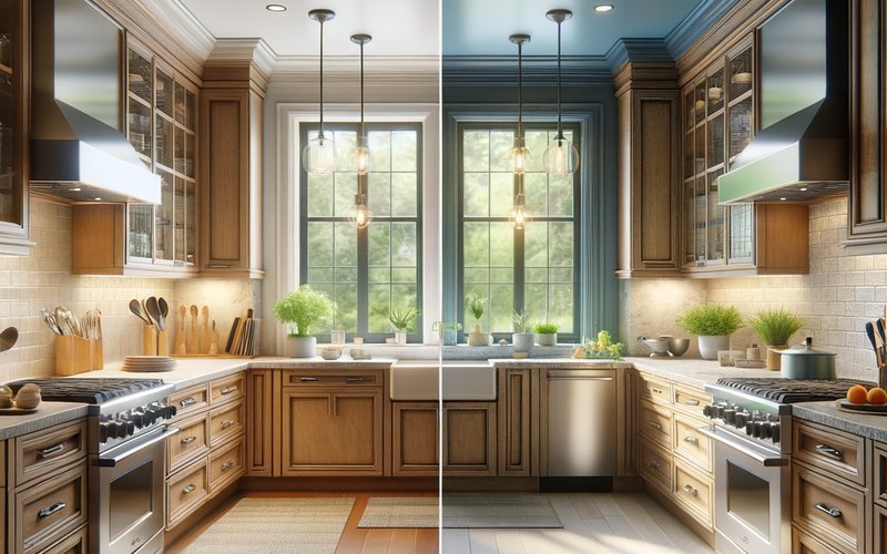 Before and after kitchen remodel scope comparison showing budget versus high-end finishes in San Diego home