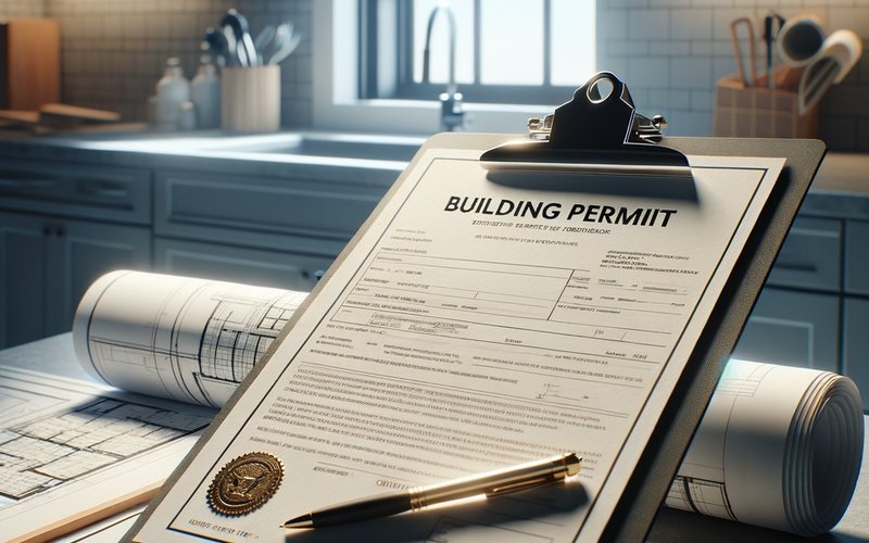 City of San Diego kitchen remodel permit document with architectural plans on a countertop