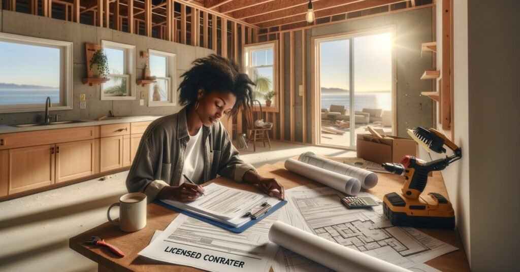 Contractor reviewing kitchen remodel permit documents in a San Diego home under renovation