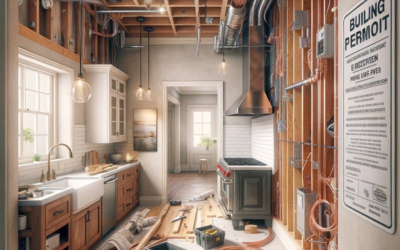 Exposed electrical and plumbing in a San Diego kitchen remodel requiring a building permit