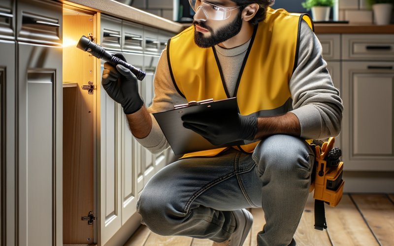 Home inspector examining unpermitted kitchen work during a San Diego property inspection