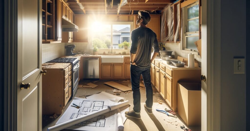 San Diego homeowner reviewing plans in a kitchen mid-remodel with a licensed kitchen remodeling contractor