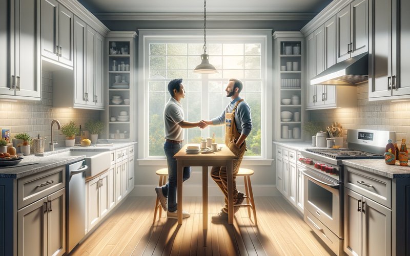 San Diego homeowner and licensed kitchen remodeling contractor shaking hands in a finished kitchen