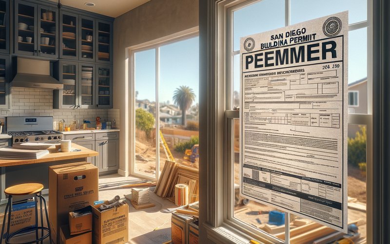City of San Diego building permit posted in a kitchen window during a licensed remodeling project