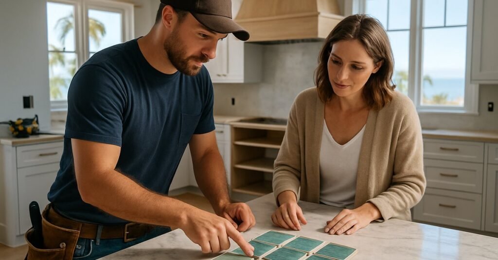 A luxury kitchen remodel in progress showing custom home finishes in a San Diego home with zellige tile samples and marble countertops