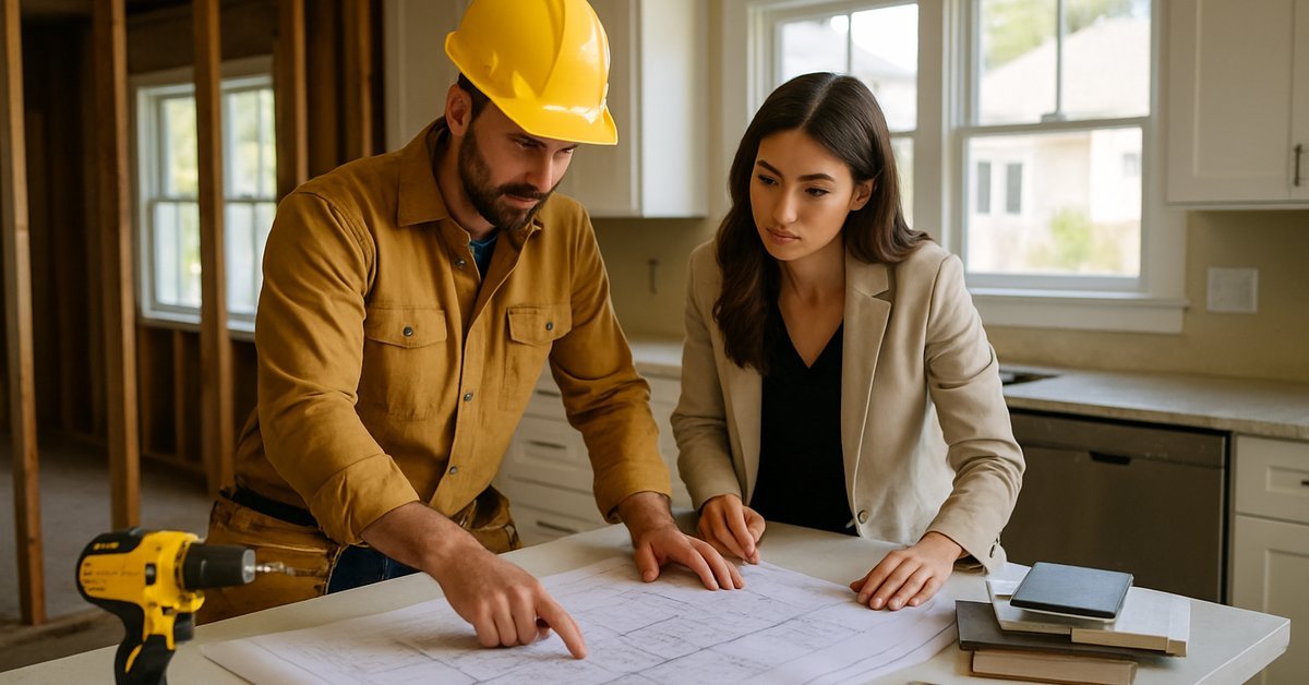 A design build firm contractor and designer reviewing whole home remodel plans inside a San Diego home with exposed framing and natural light