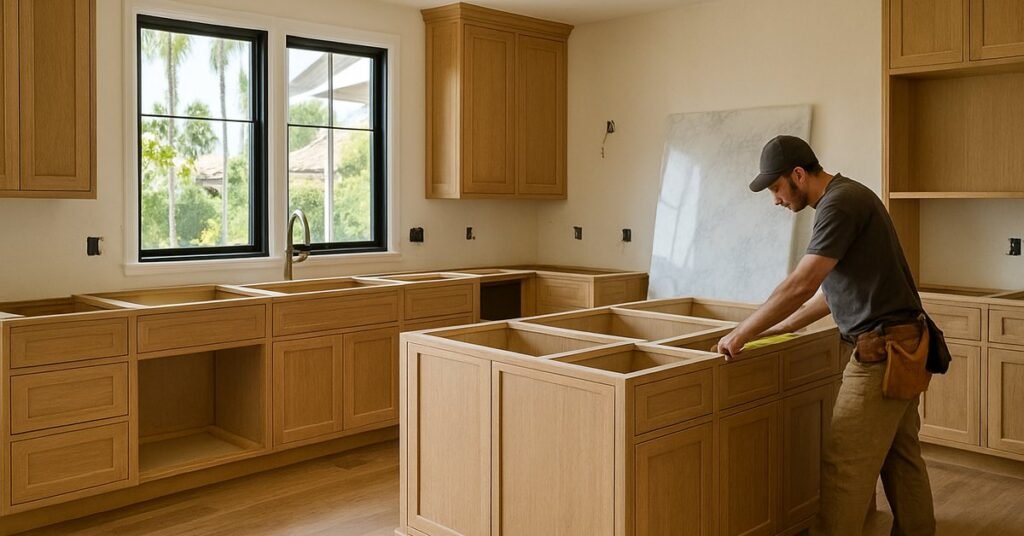 Luxury kitchen remodel in progress showing custom cabinetry and marble countertops representing high-end home remodel cost in San Diego