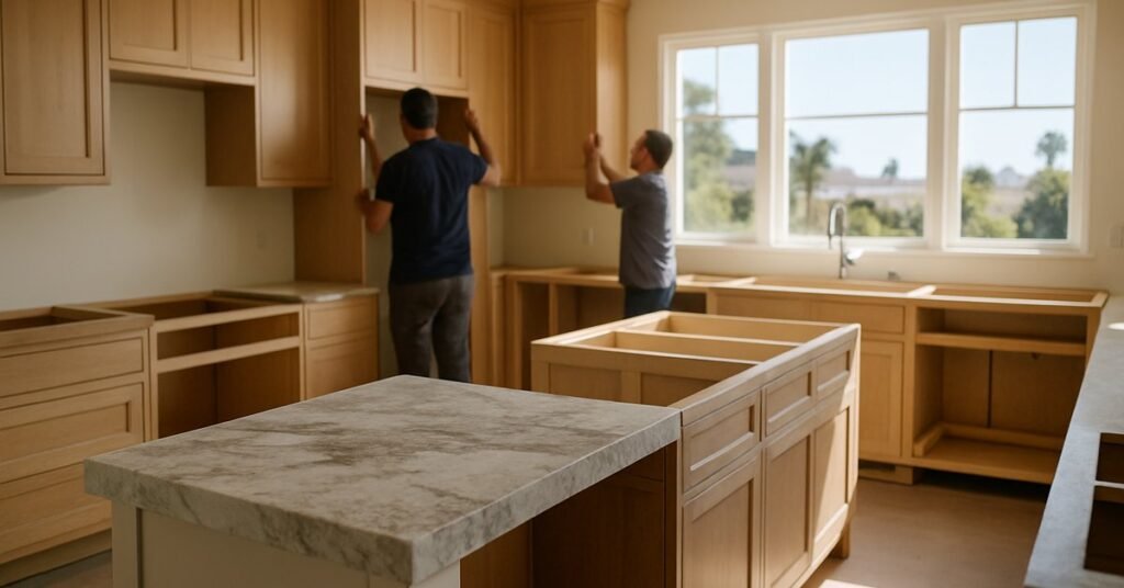 A luxury kitchen remodel in progress inside a San Diego home with custom cabinetry and natural stone countertops being installed