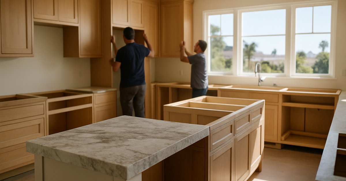 A luxury kitchen remodel in progress inside a San Diego home with custom cabinetry and natural stone countertops being installed