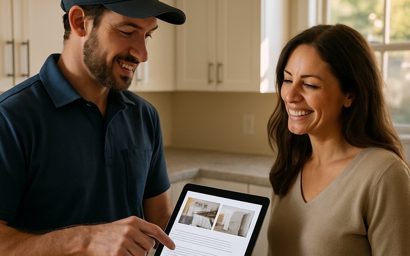 A licensed kitchen renovation contractor reviewing a project proposal with a San Diego homeowner