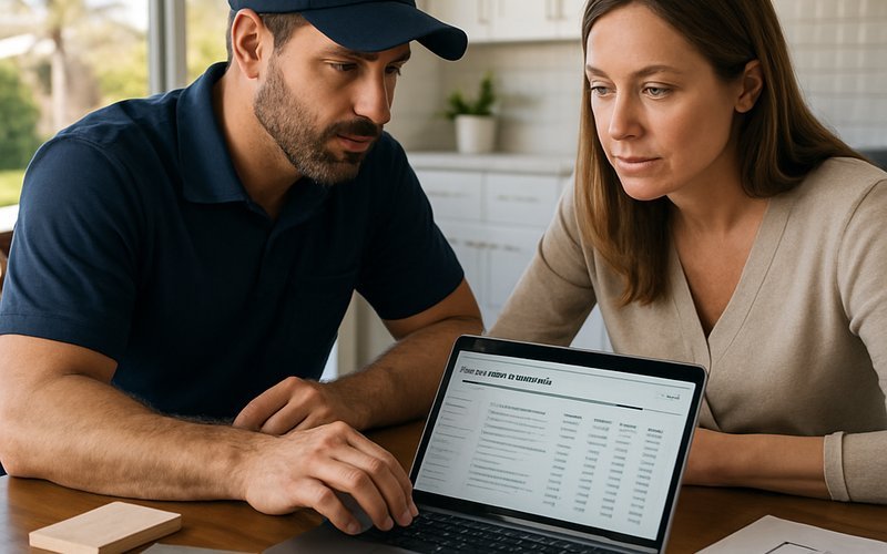 A homeowner and contractor reviewing kitchen renovation costs and plans in a San Diego home