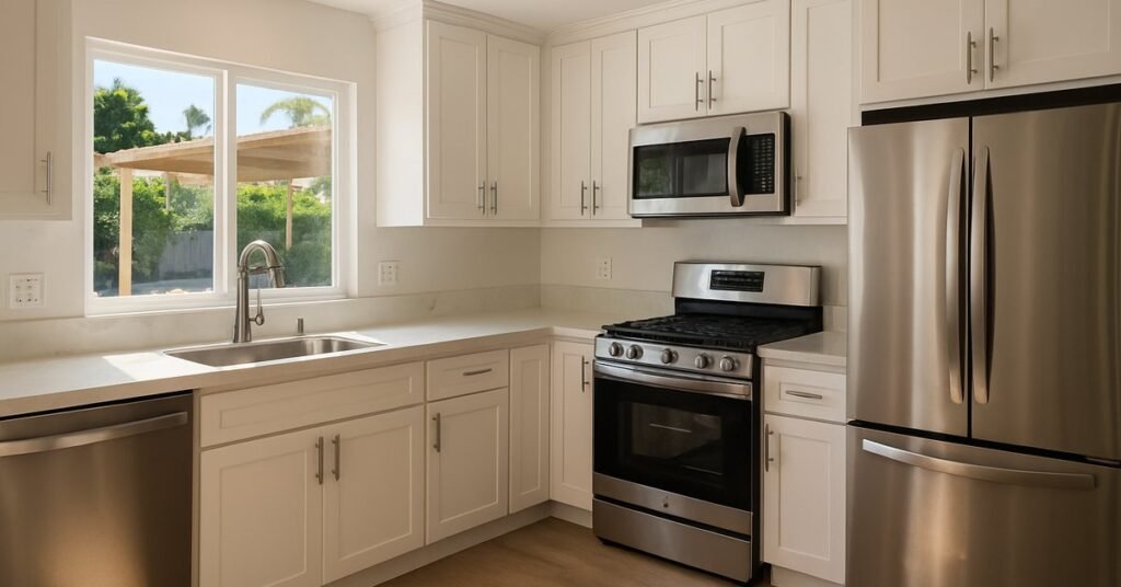 A beautifully completed kitchen renovation in a San Diego home featuring quartz countertops, new cabinetry, and open-concept layout