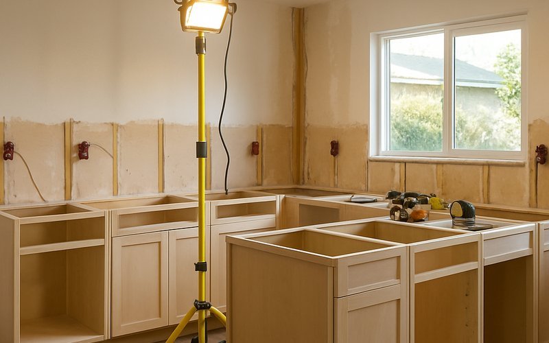 Mid-renovation kitchen in a San Diego home showing cabinet installation and open walls with new electrical wiring