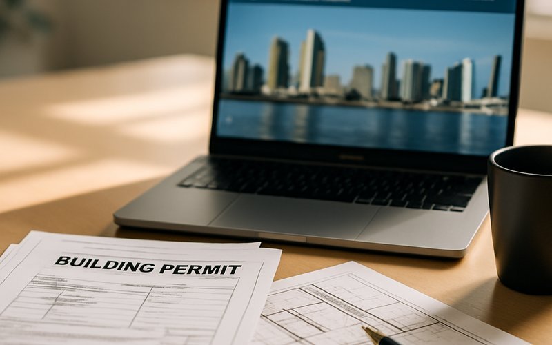 Building permit documents for a kitchen renovation project in San Diego laid out on a desk