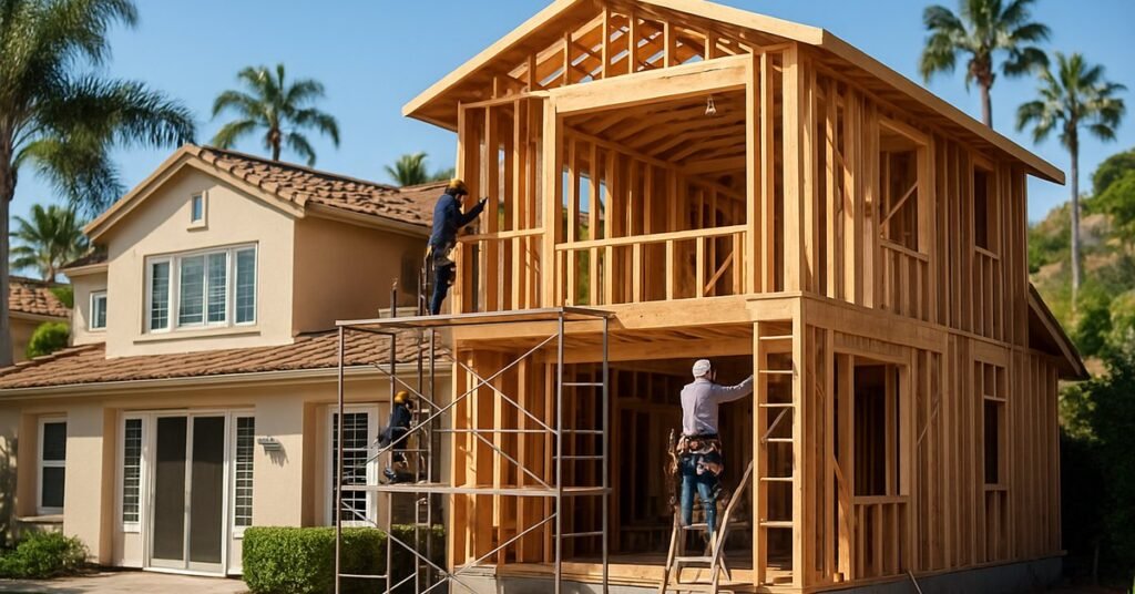 Luxury home addition under construction in San Diego with scaffolding and exposed framing on a hillside property