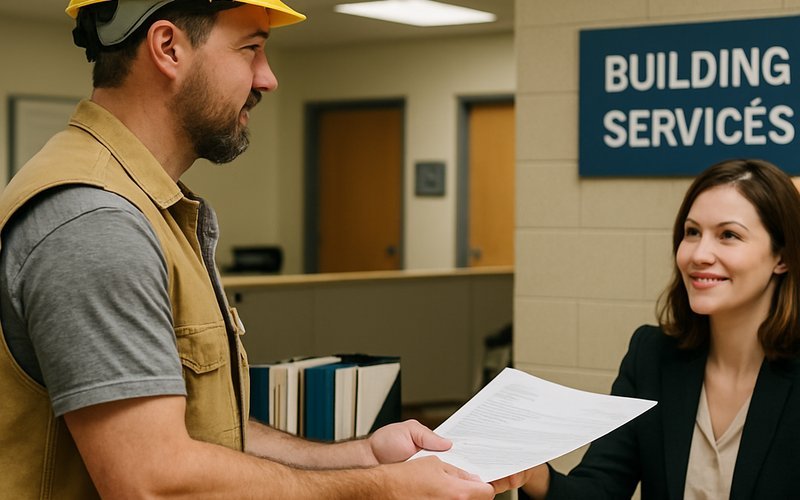 Contractor submitting whole home remodel permit application at San Diego Development Services Department counter