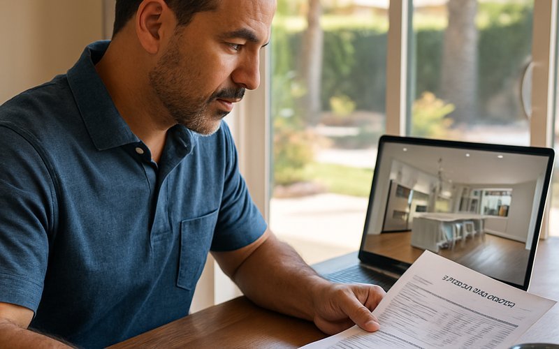 San Diego homeowner reviewing whole home remodel cost estimate from a design build firm at a sunny dining table