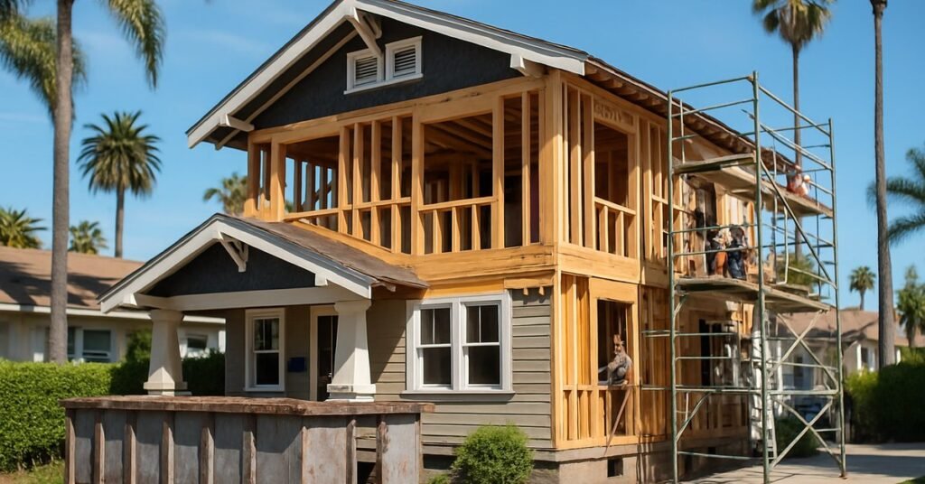 A San Diego home mid-renovation during a whole-home remodel with scaffolding and framing visible in a residential neighborhood