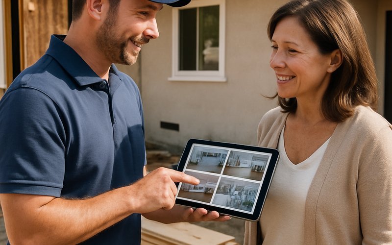 A contractor reviewing a whole house remodel portfolio with a San Diego homeowner outside their home