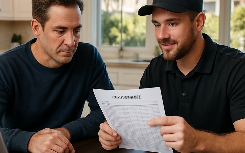 A homeowner reviewing whole house remodel cost estimates with a contractor in a San Diego home