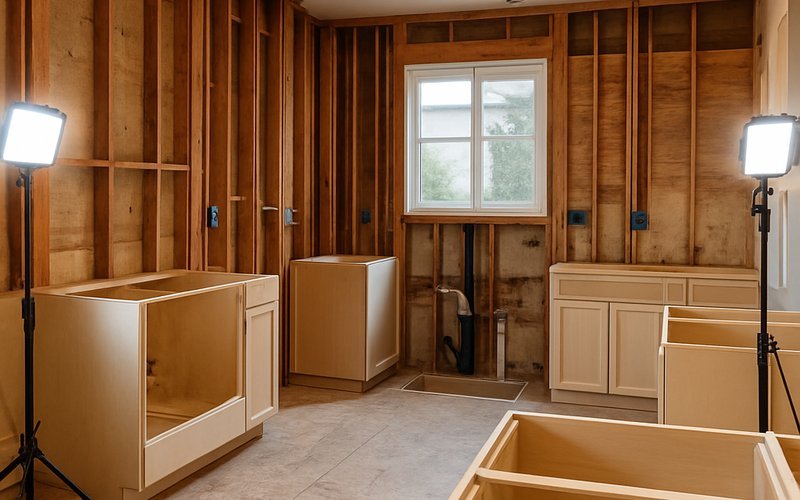 A San Diego kitchen gutted to the studs during a whole house remodel showing plumbing and electrical rough-in work