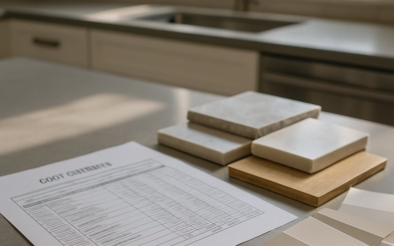 Cost estimate documents and material samples for a whole house renovation in San Diego laid out on a kitchen table