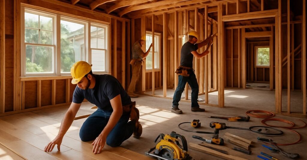 Interior of a San Diego home mid-renovation showing exposed framing, new flooring, and contractor crew working in natural light