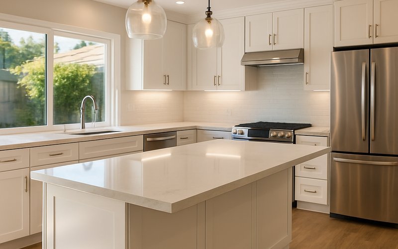 Newly remodeled kitchen inside a whole house renovation project in San Diego with quartz countertops and open layout