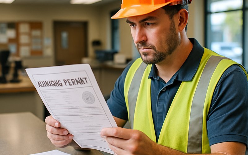 Contractor reviewing whole house renovation permit documents at the San Diego Development Services Department counter