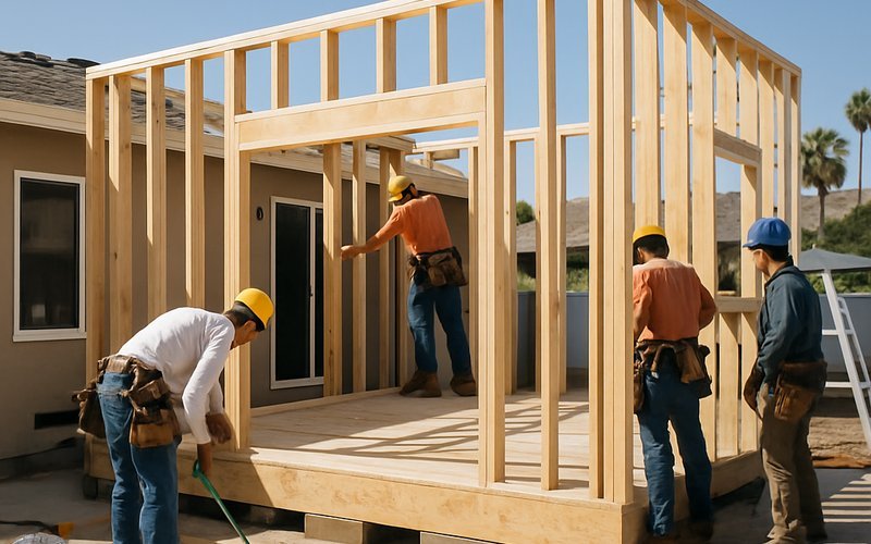 Room addition under construction on a San Diego home with framing complete and crew working under clear blue sky
