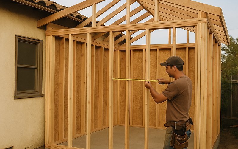 Framed 12x12 room addition under construction on a San Diego home showing typical addition costs