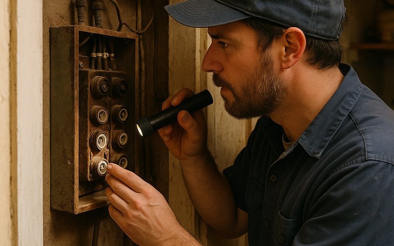 Electrician inspecting an outdated panel during a kitchen remodel in an older Logan Heights, San Diego home