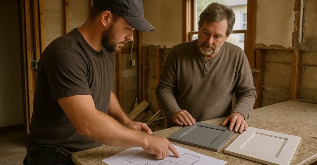 Contractor and homeowner reviewing kitchen remodel plans and cost estimate inside a Logan Heights, San Diego home