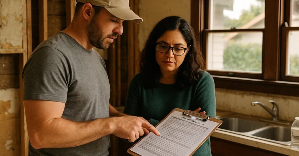 Contractor and homeowner reviewing a kitchen remodel timeline in a San Diego home during demolition phase