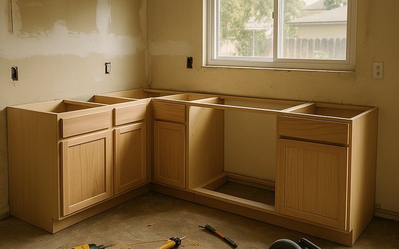 Week-by-week kitchen remodel timeline stage showing cabinet installation in a San Diego home renovation