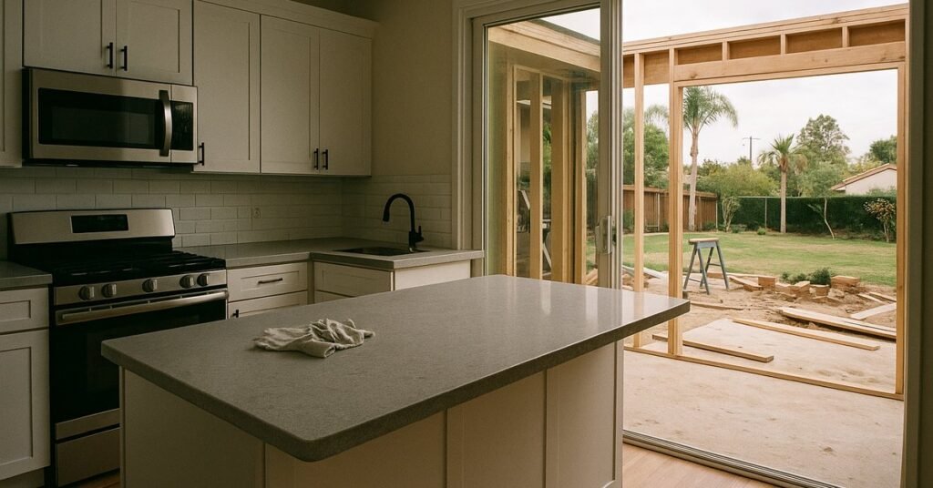 Side-by-side view of a finished kitchen remodel and an in-progress room addition on a San Diego home