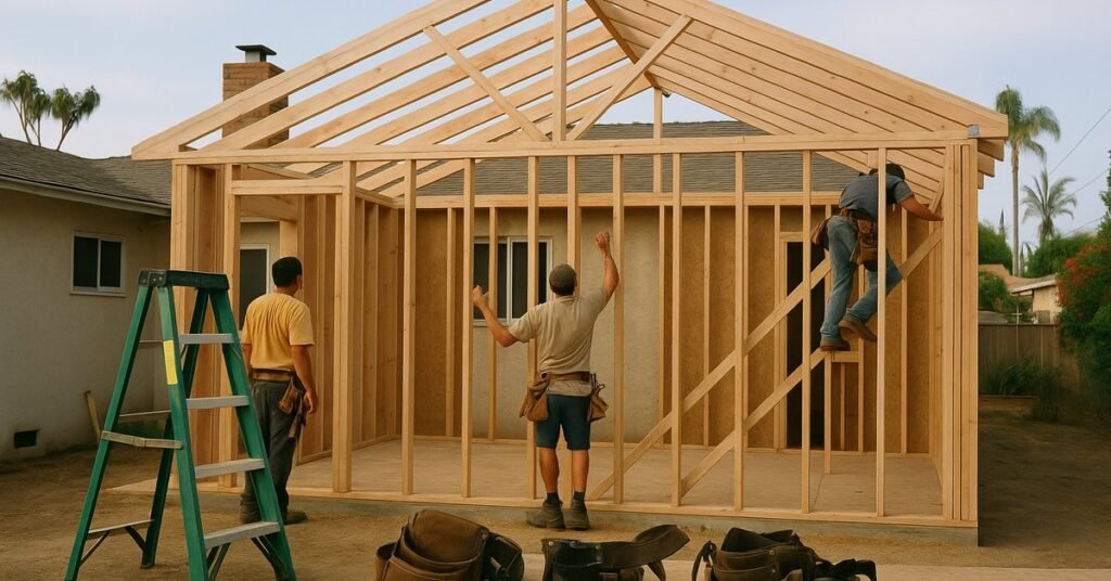 Framing crew building a room addition on a San Diego home, illustrating typical room addition cost in San Diego projects