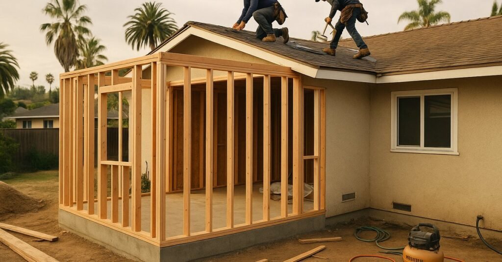 Framed room addition under construction on a San Diego home showing the real cost of building a new room in 2026