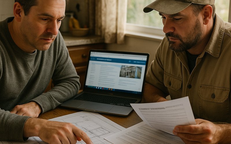 Homeowner and contractor reviewing room addition permit documents required by San Diego's Development Services Department