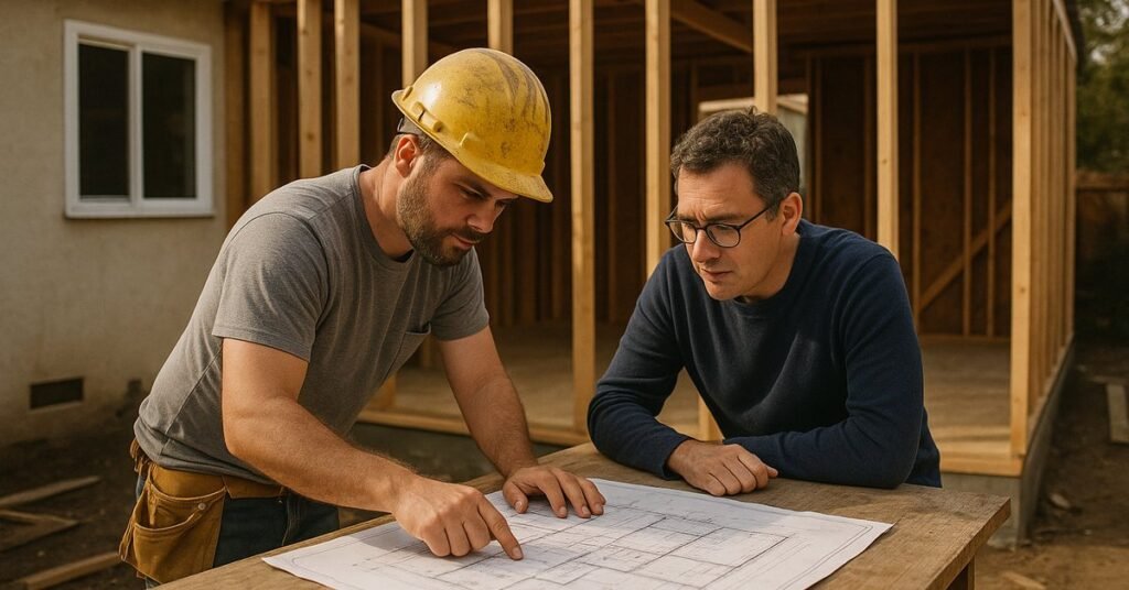 Contractor and homeowner reviewing room addition permit plans in front of a framed addition in San Diego