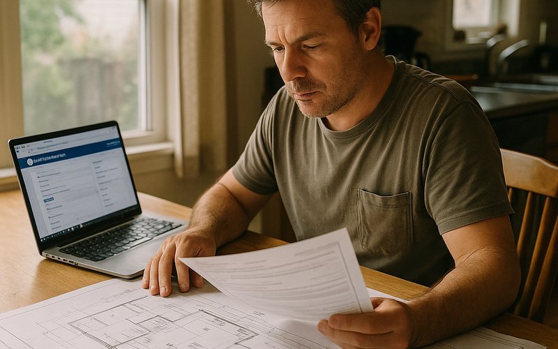 Homeowner reviewing room addition permit documents required by San Diego's Development Services Department