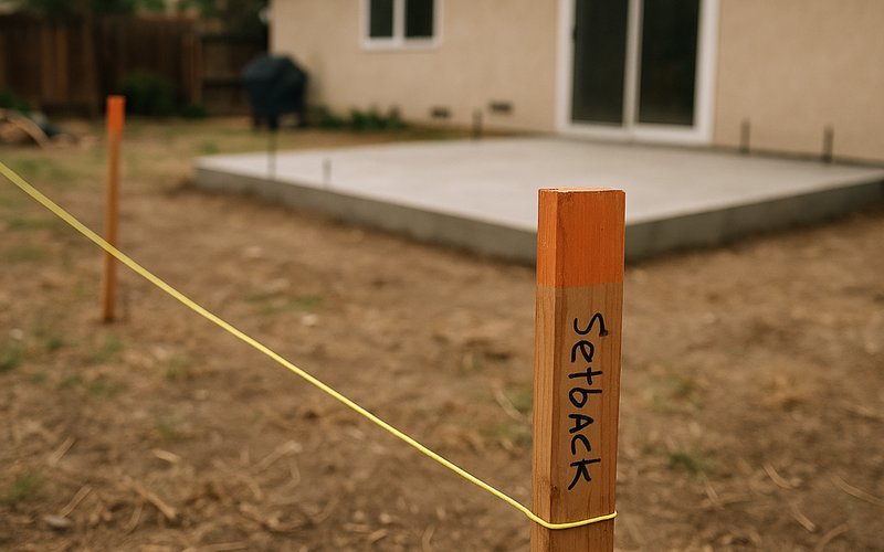 Property setback markers showing lot coverage rules for a room addition permit in San Diego