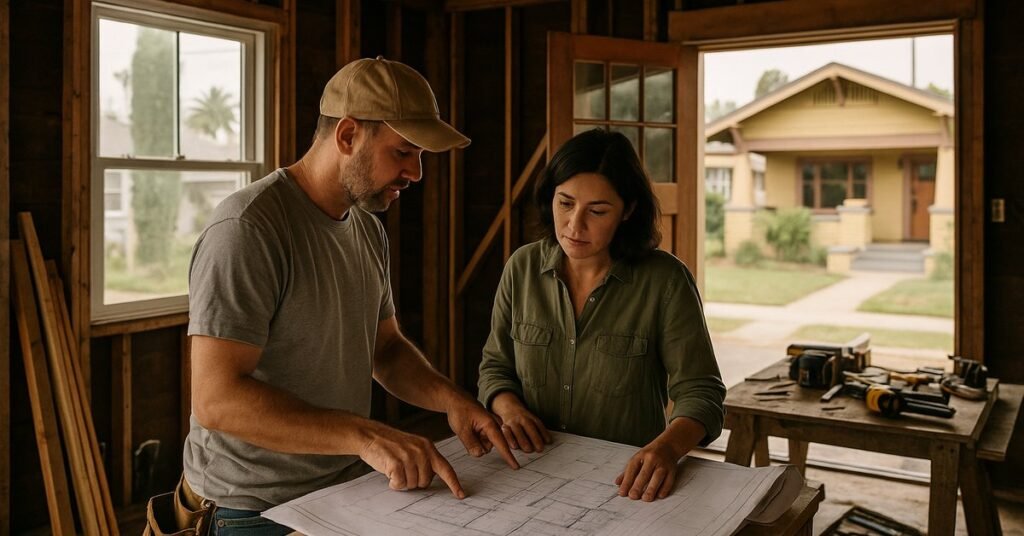 Contractor and homeowner reviewing blueprints during a whole home remodel in San Diego with exposed framing visible